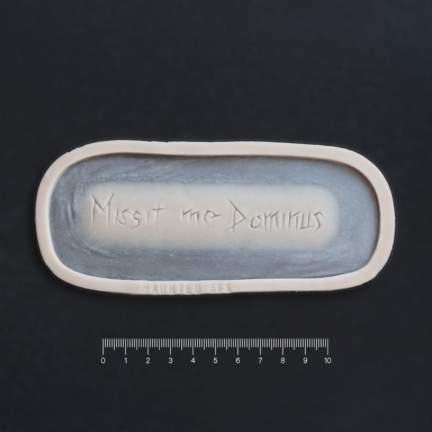 Missit Me Dominus Carving (The Lord Has Sent Me) - Silicone prosthetic in vanilla shade on a black surface with a ruler