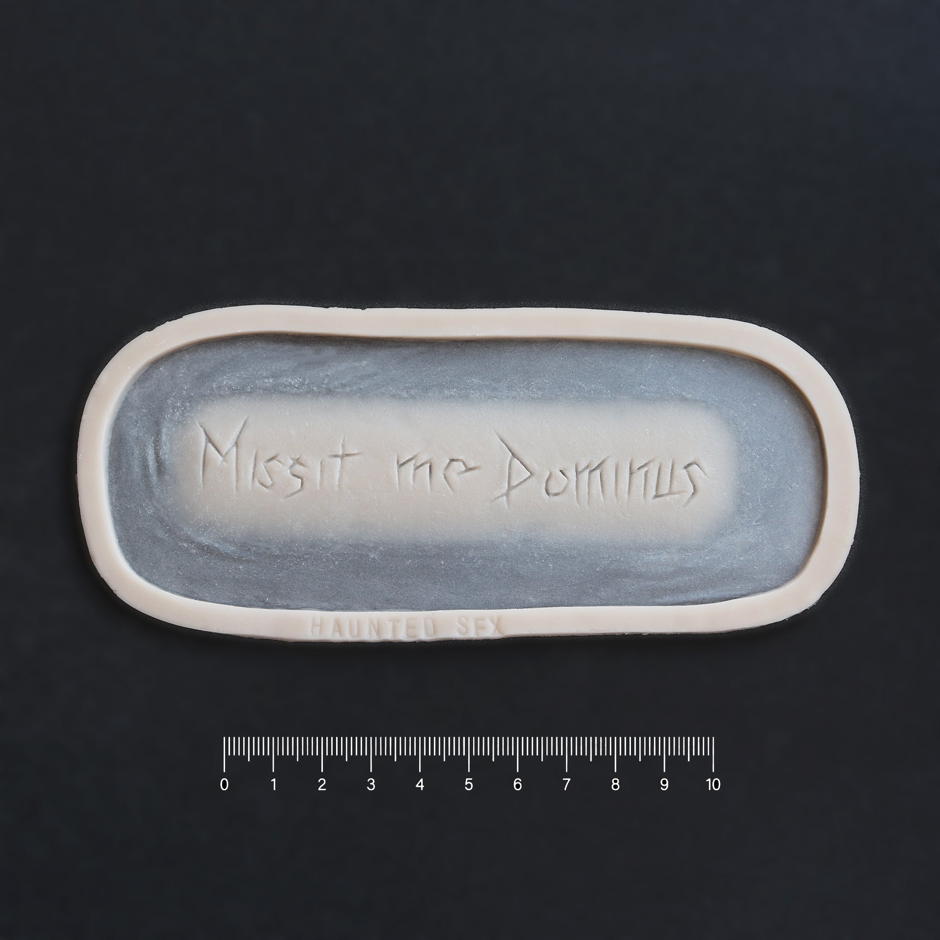 Missit Me Dominus Carving (The Lord Has Sent Me) - Silicone prosthetic in vanilla shade on a black surface with a ruler
