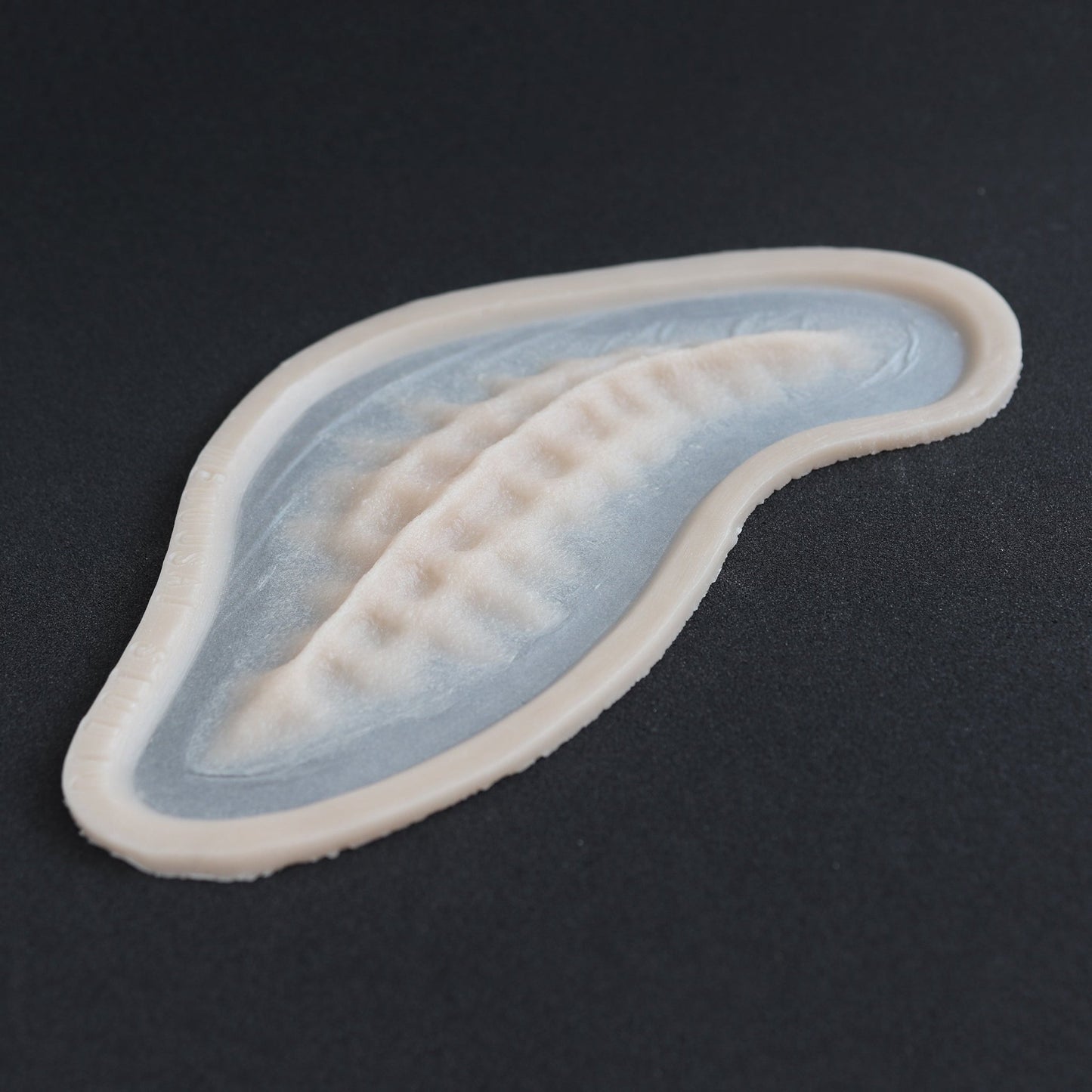 Seahorse Facial Scales - Silicone makeup prosthetic in vanilla shade on a black surface