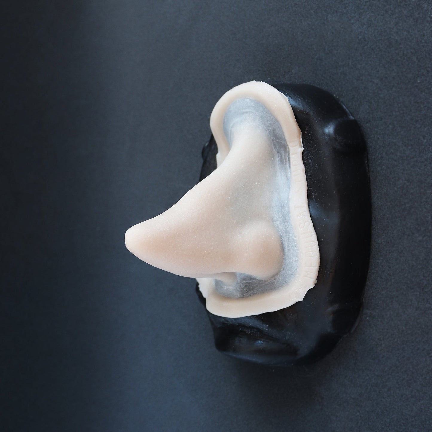 Short Pointy Nose - Silicone makeup prosthetic in vanilla shade on a black surface