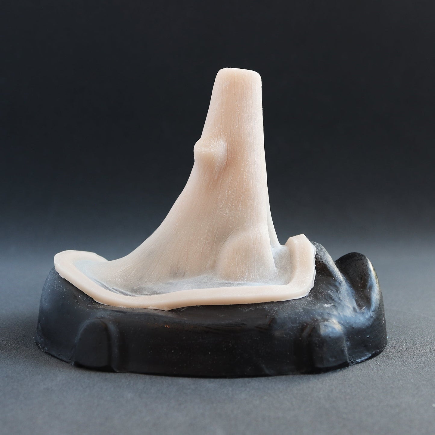 Wooden Nose - Silicone makeup prosthetic in vanilla shade on a black surface