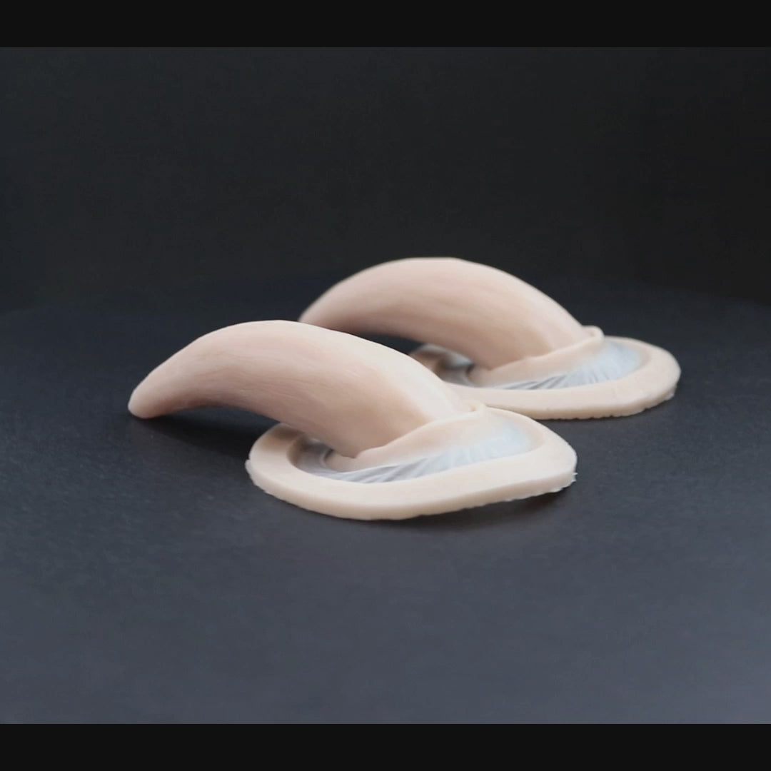 A pair of oni horns prosthetics in vanilla shade on a black turntable, slowly rotating. 