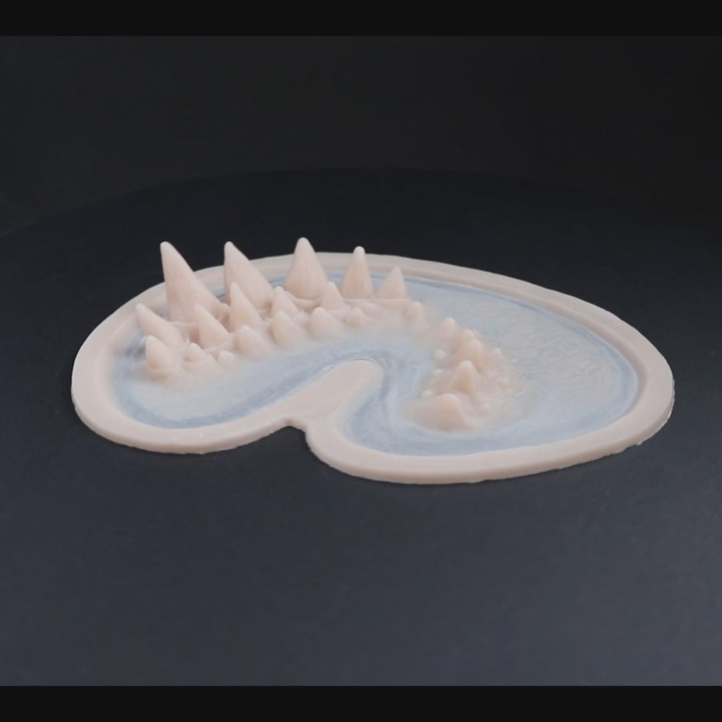 A dragon face prosthetic in vanilla shade on a black turntable, slowly rotating. 