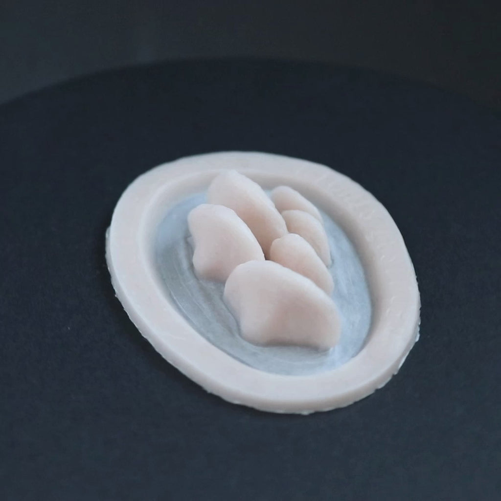 Horizontal Fungi prosthetic in vanilla shade on a black turntable, slowly rotating. 