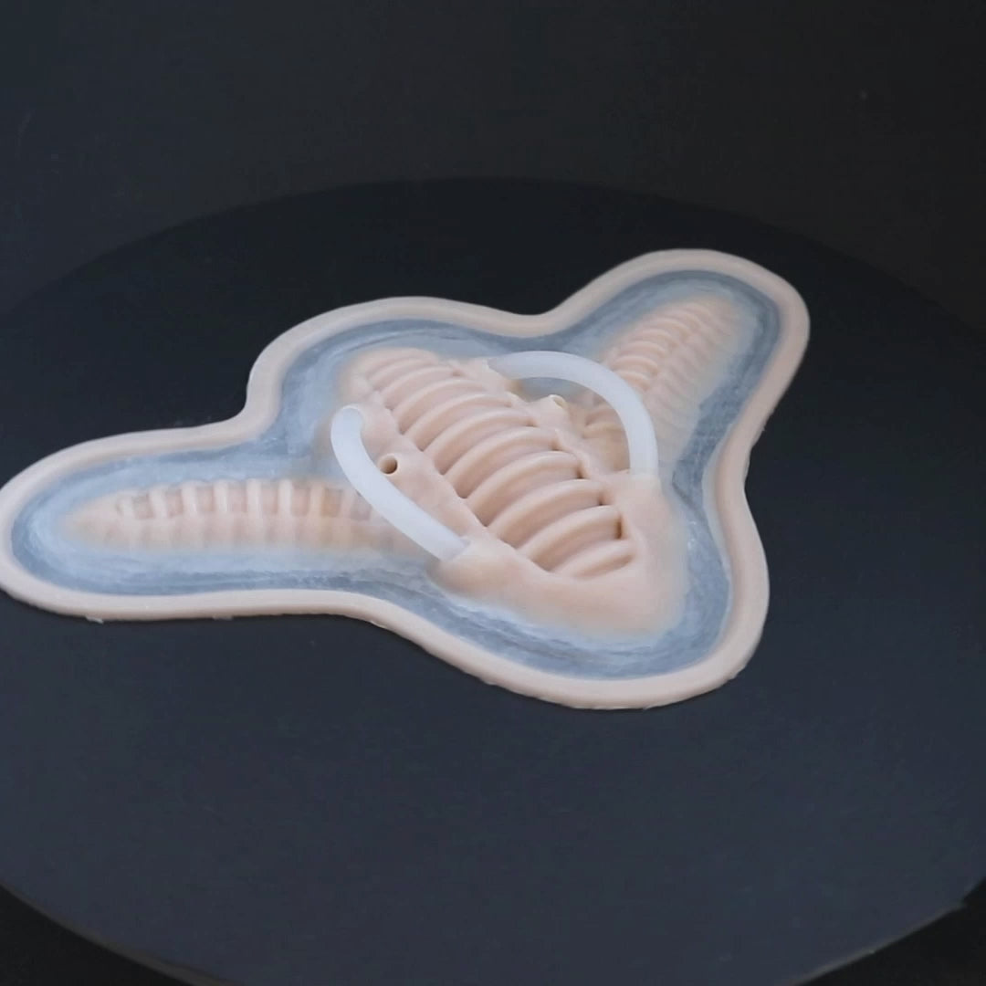 Cyborg neck prosthetic in vanilla shade on a black turntable, slowly rotating. 