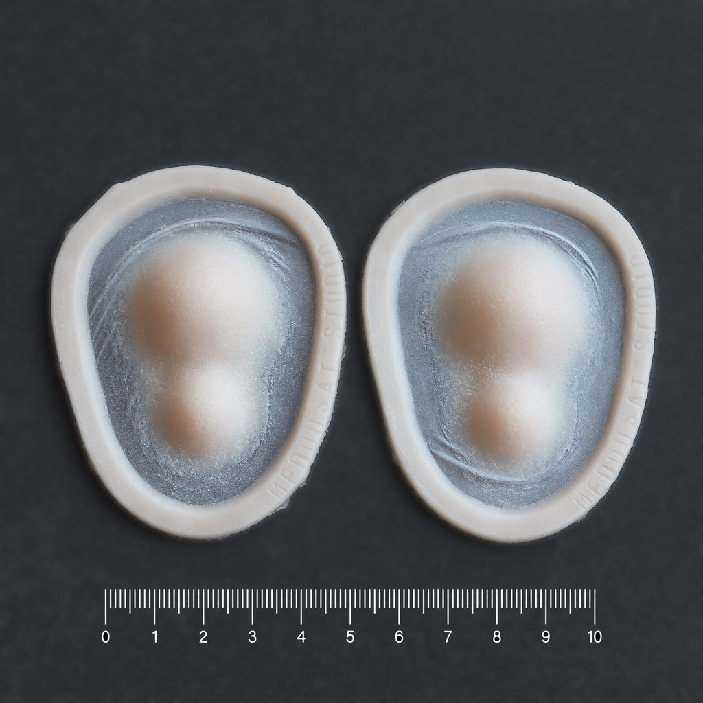 Double Subdermal Horns (Pair) - Silicone makeup prosthetic in vanilla shade on a black surface with a ruler