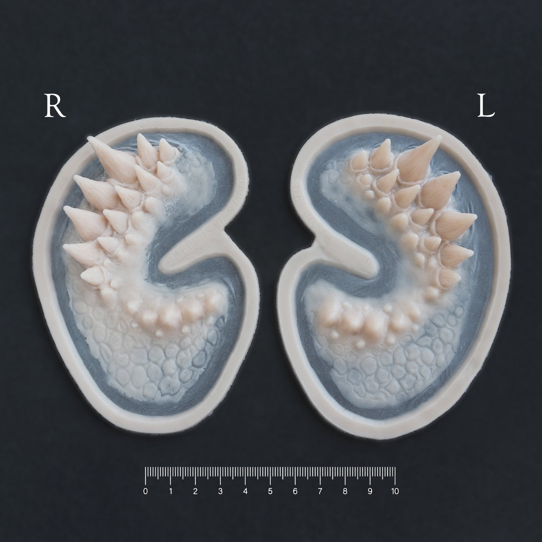 Dragon Half Face - Silicone makeup prosthetic in vanilla shade on a black surface with a ruler