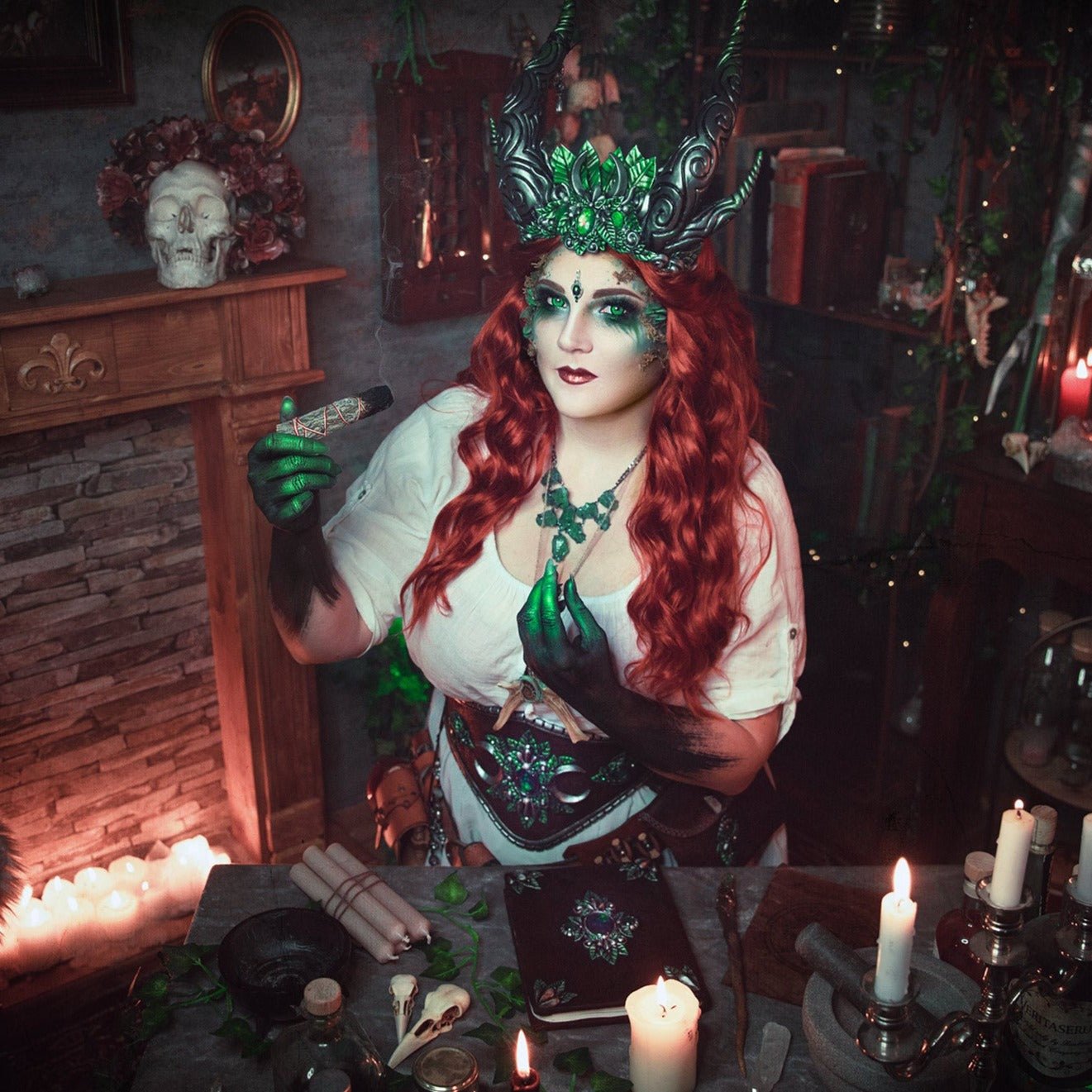 Woman with red hair wearing fungi prosthetics on her face