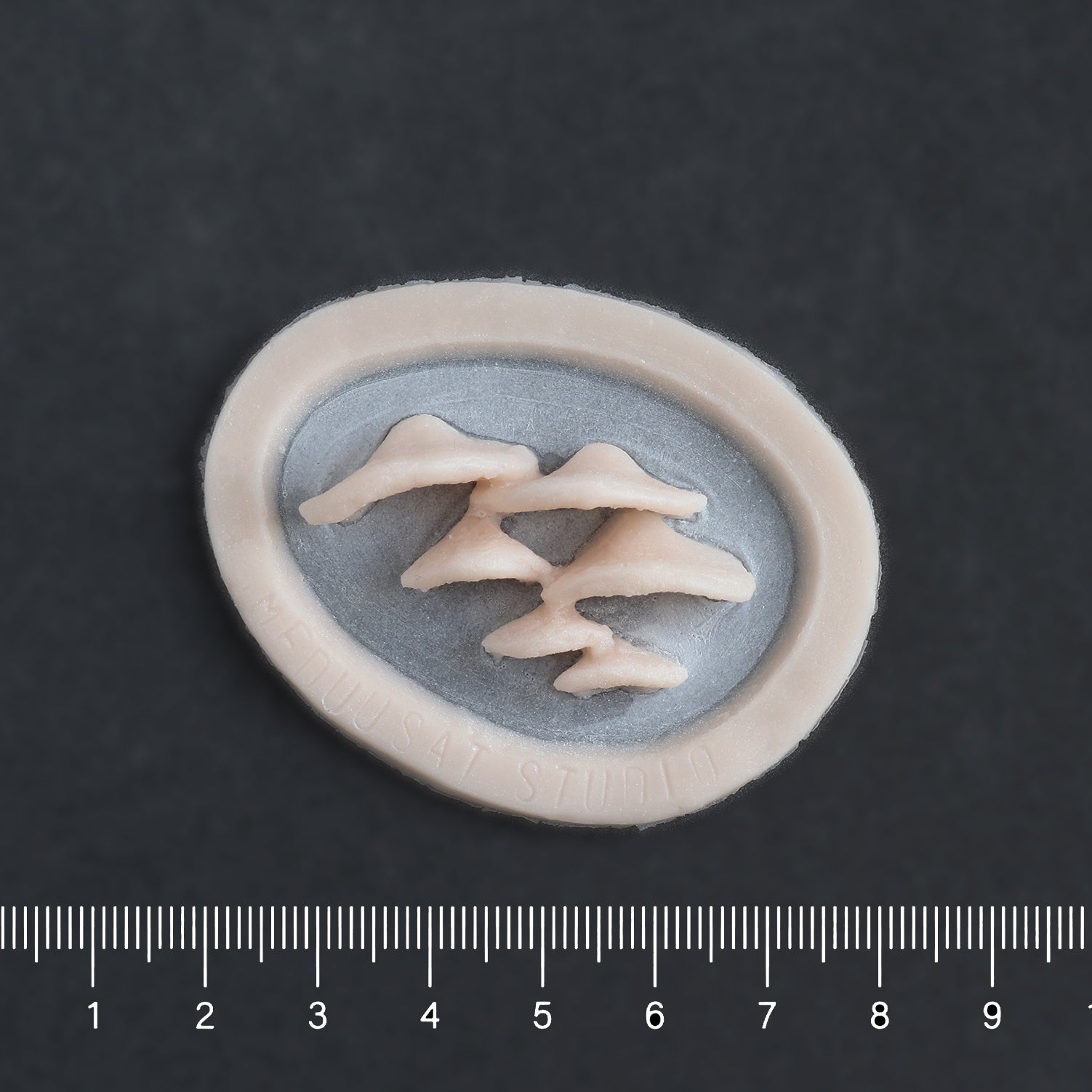 Horizontal Bracket Fungi - Silicone makeup prosthetic in vanilla shade on a black surface with a ruler