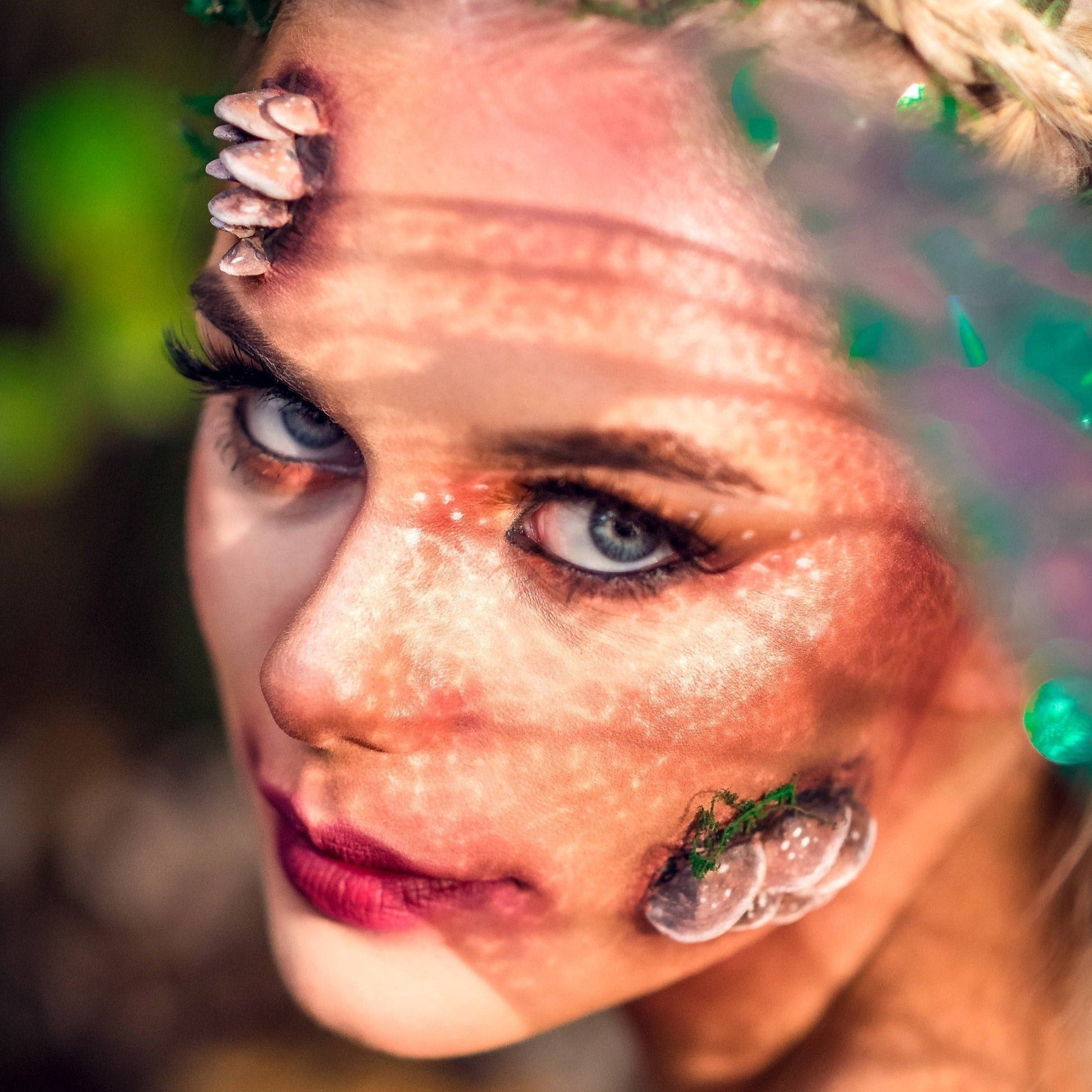 Blond woman with fungi prosthetics on her face