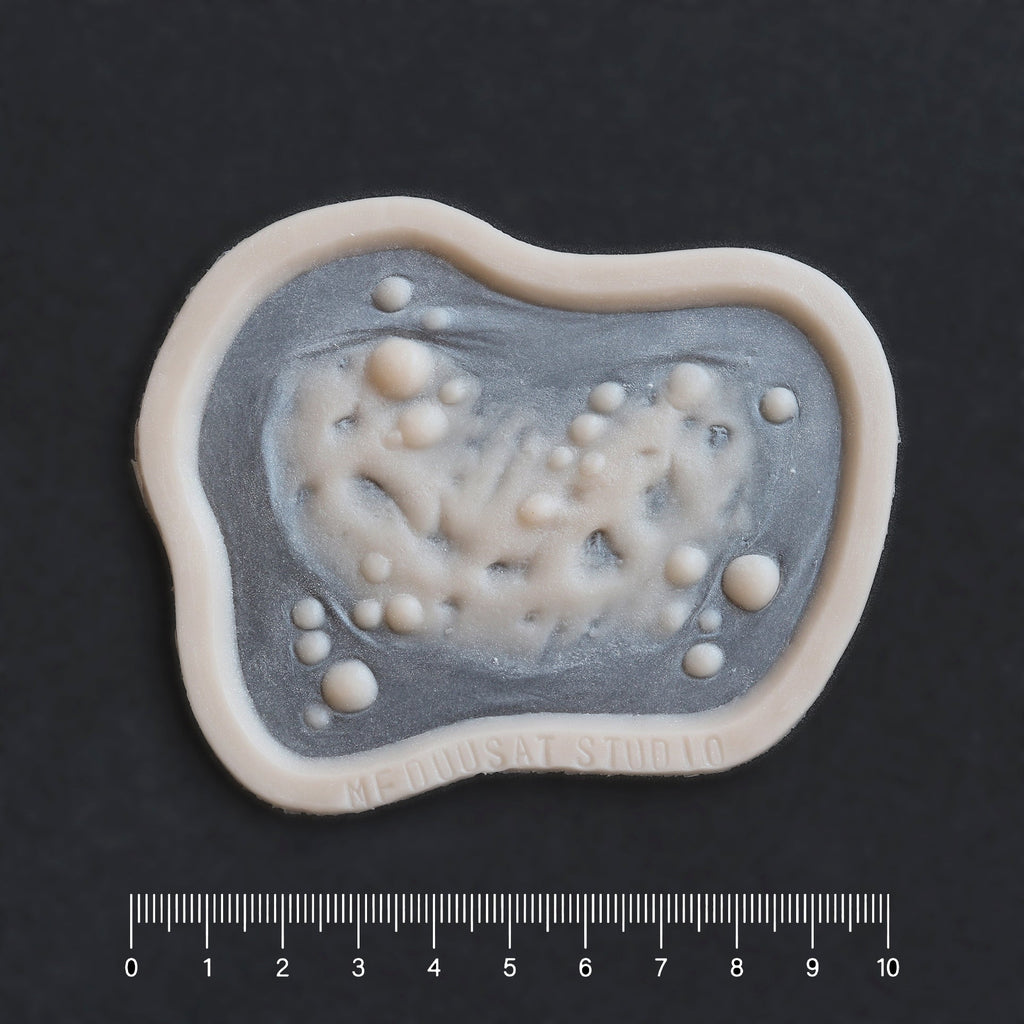 Infected Bite - Silicone makeup prosthetic in vanilla shade on a black surface with a ruler