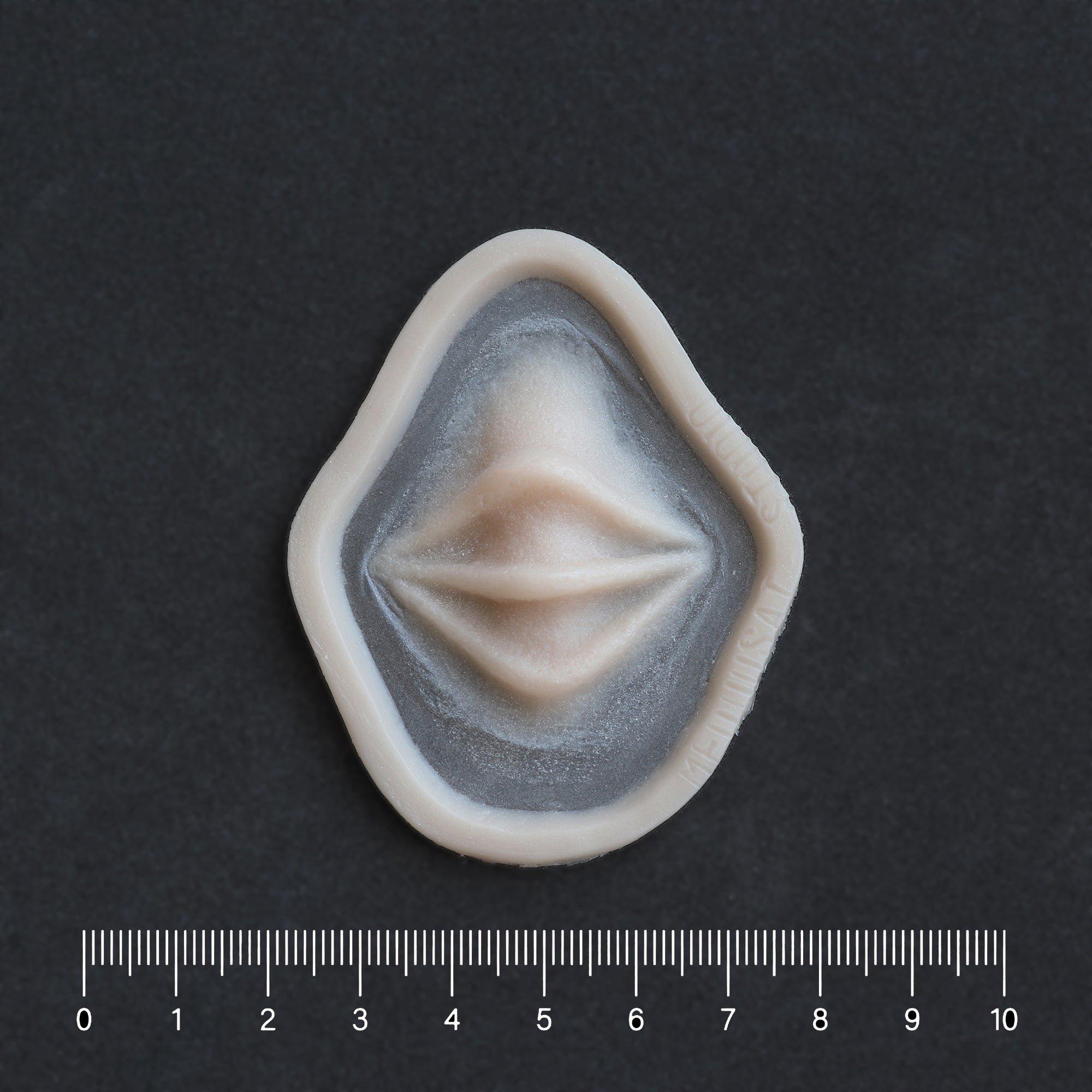 Nose Bridge Ridges - Silicone makeup prosthetic in vanilla shade on a black surface with a ruler