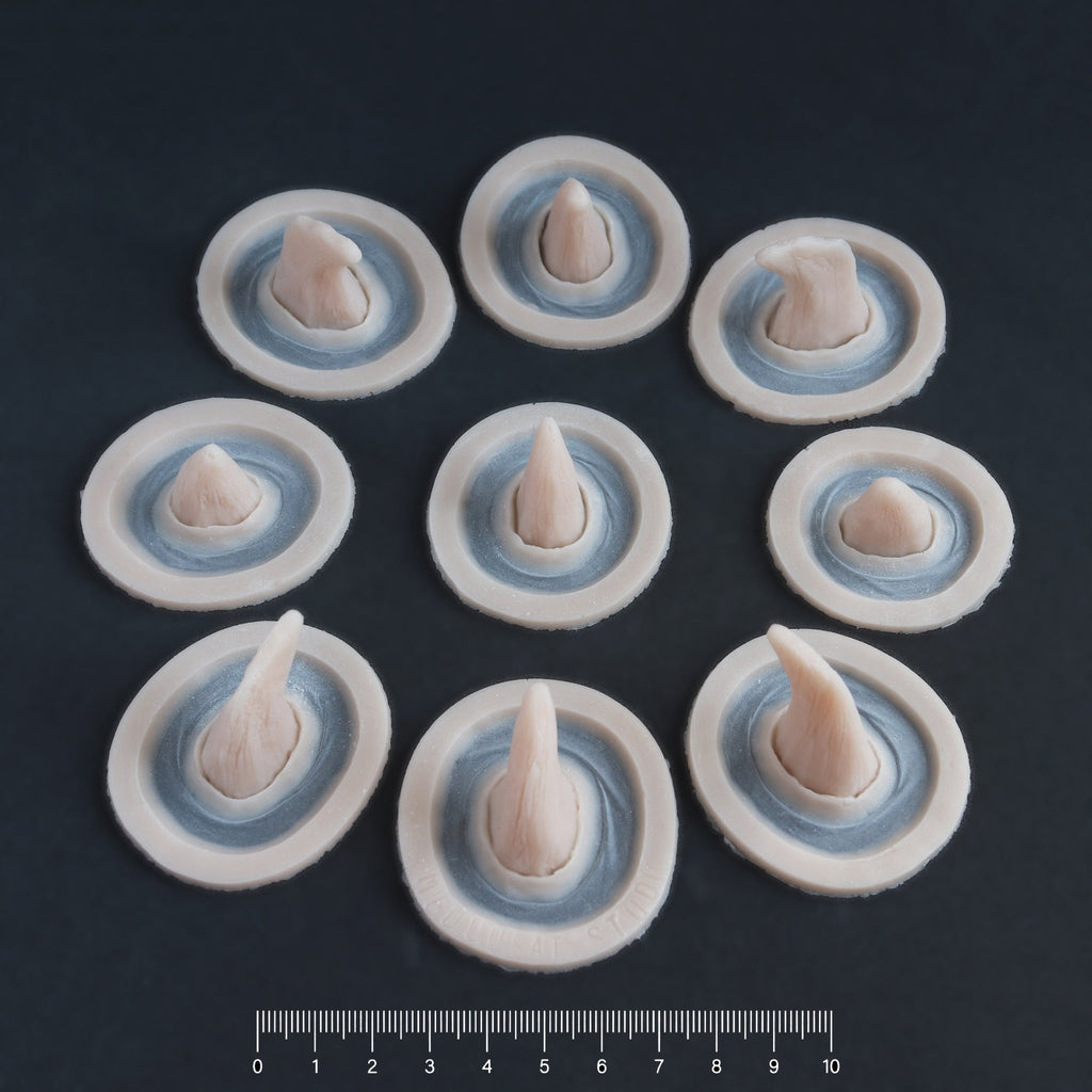 Small Horns Set - Silicone makeup prosthetic in vanilla shade on a black surface with a ruler