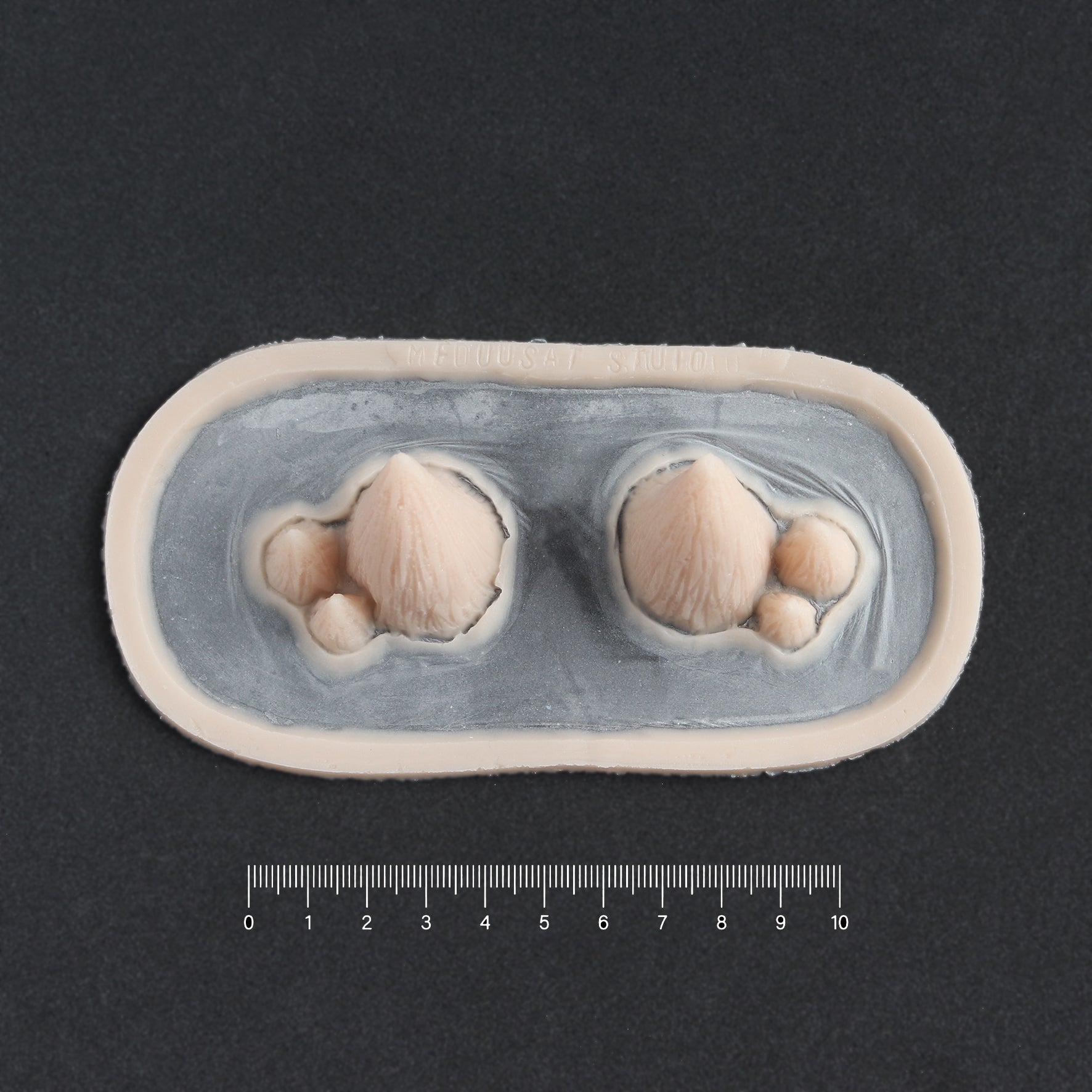 Triple Devil Horns - Silicone makeup prosthetic in vanilla shade on a black surface with a ruler