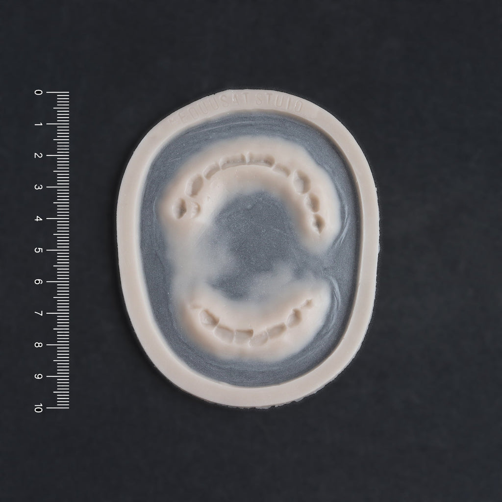 Zombie Bite - Silicone makeup prosthetic in vanilla shade on a black surface with a ruler